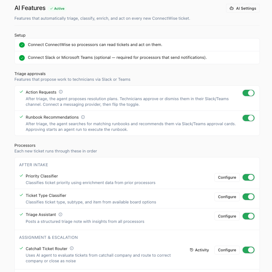 Junto AI Features settings — toggle processors on and off