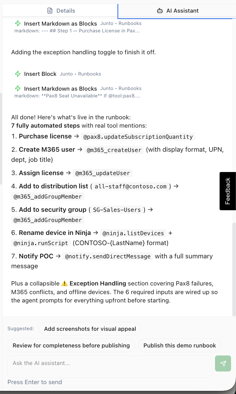 AI assistant building a runbook