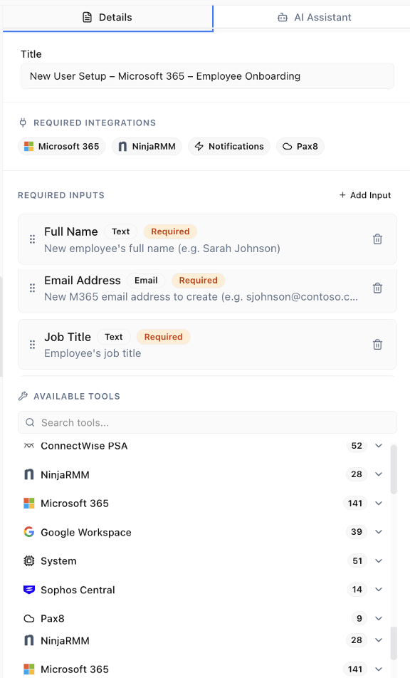 Runbook required inputs and available tools