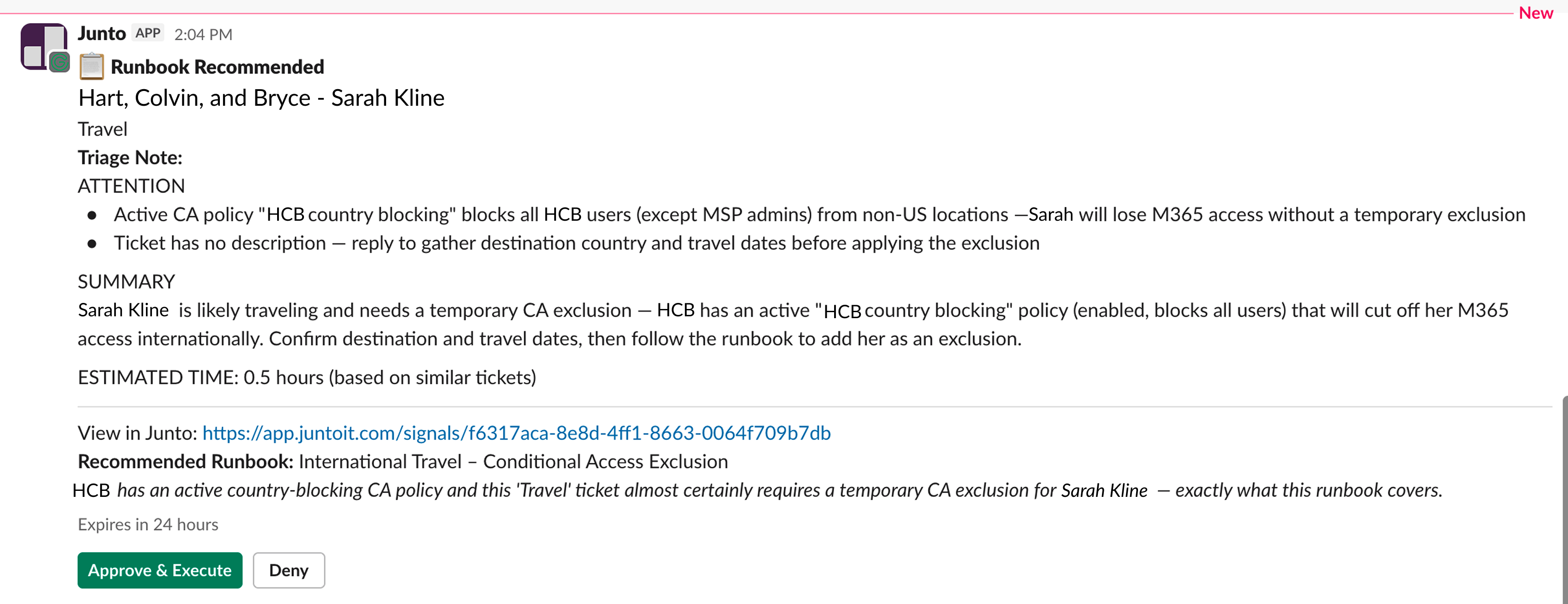 Junto recommending a runbook in Slack with Approve & Execute and Deny buttons