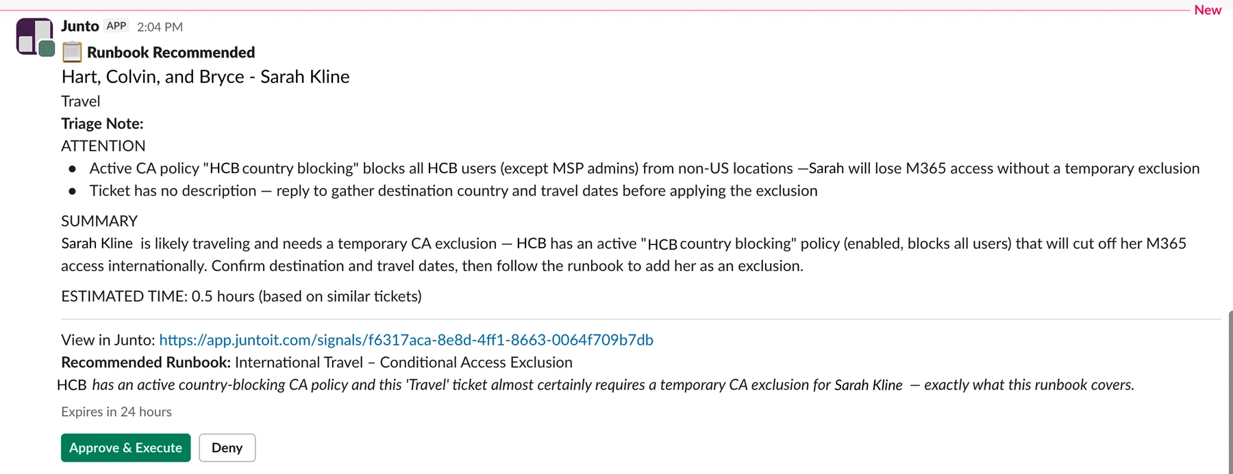 Junto recommending a runbook in Slack with Approve & Execute and Deny buttons